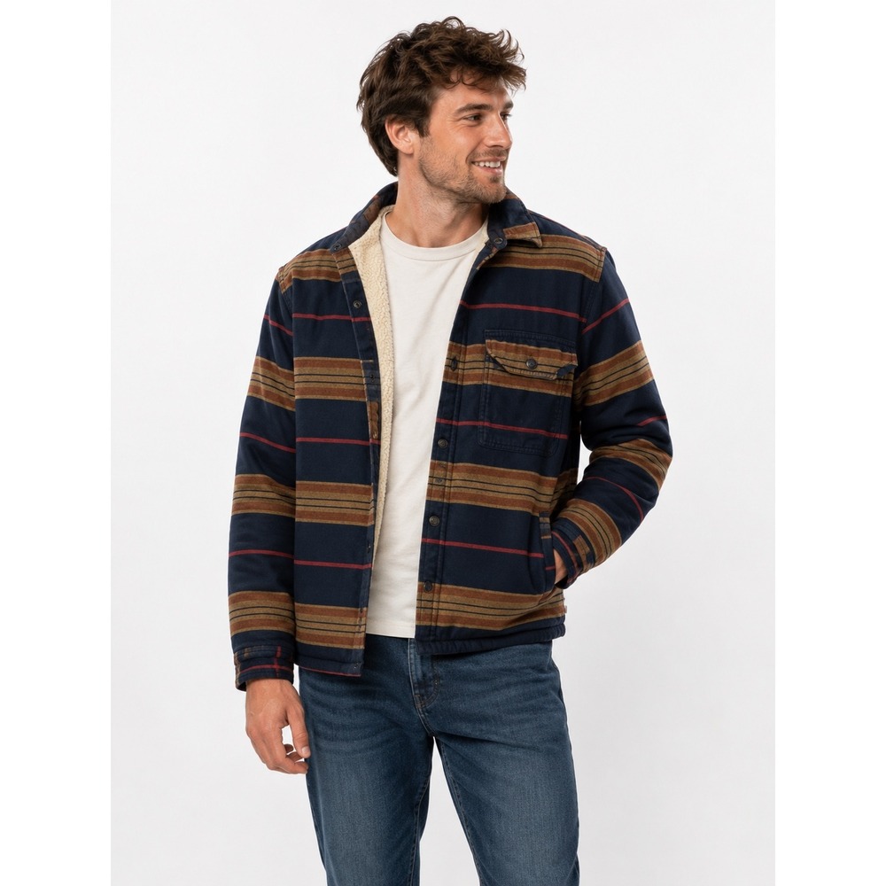 The North Face Campshire Mens L Sherpa Lined Striped Flannel Snap Shirt Jacket